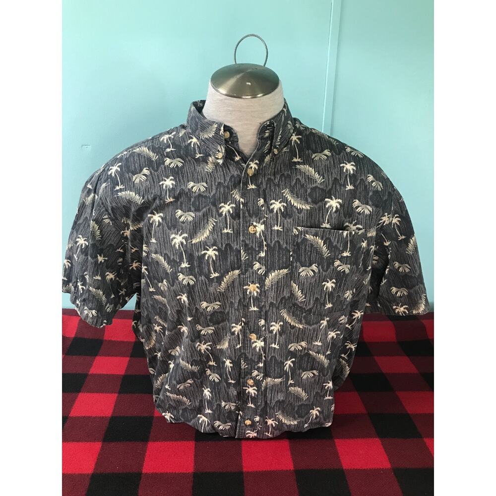 National Issue XL Button Down Shirt Charcoal Tropical Palm Tree Short Sleeve